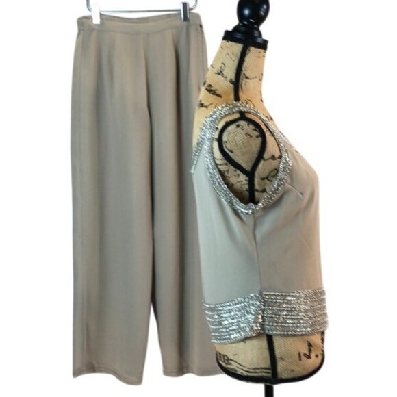 3 pc J Kara Formal Pant Suit Set Beaded Long Sheer Jacket Tank Top Beige 6 P - Picture 5 of 8